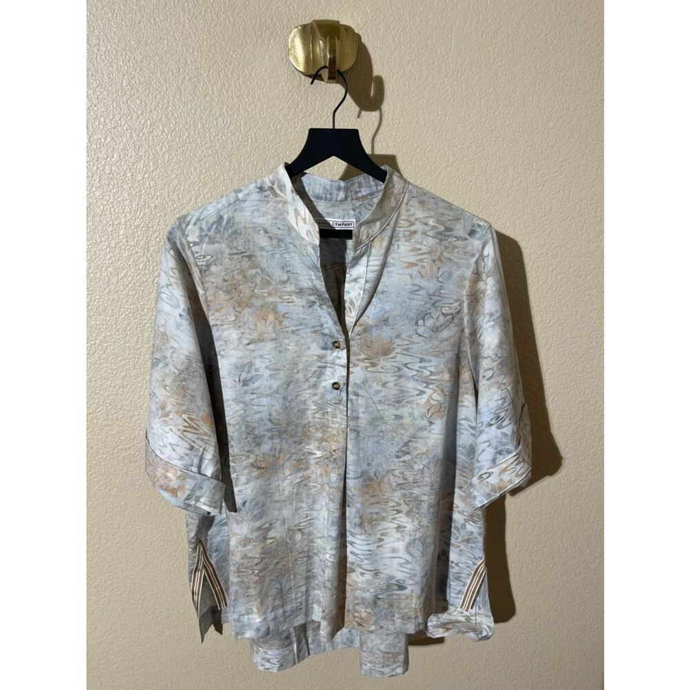 Good Company Light Blue & Beige Watercolor Mandarin Collar Blouse